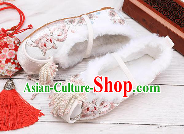 China National Winter Shoes Traditional Embroidered Shoes Classical Hanfu White Shoes for Kids