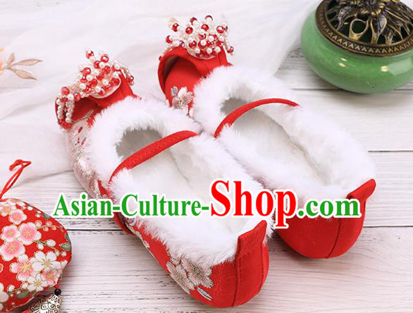 China Traditional Embroidered Shoes Classical Hanfu Red Shoes National Winter Shoes for Kids