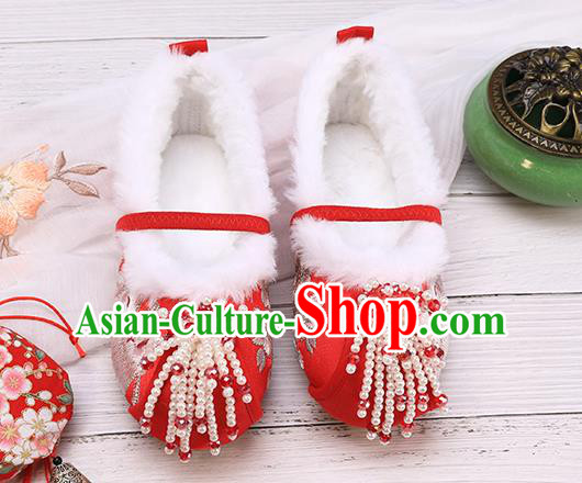 China Traditional Embroidered Shoes Classical Hanfu Red Shoes National Winter Shoes for Kids