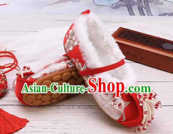 China Traditional Embroidered Shoes Classical Hanfu Red Shoes National Winter Shoes for Kids