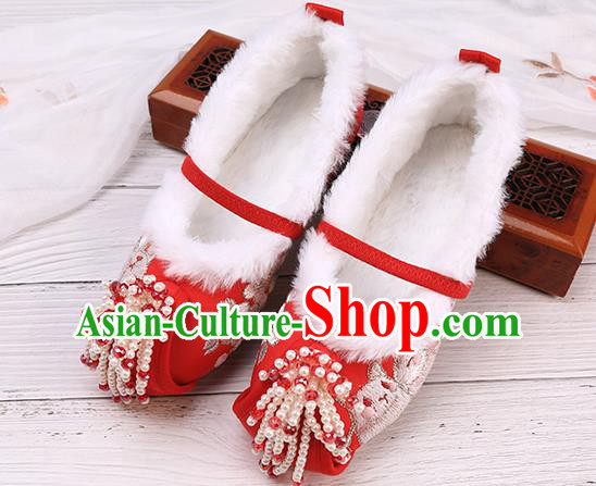 China Traditional Embroidered Shoes Classical Hanfu Red Shoes National Winter Shoes for Kids