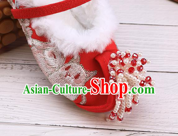 China Traditional Embroidered Shoes Classical Hanfu Red Shoes National Winter Shoes for Kids