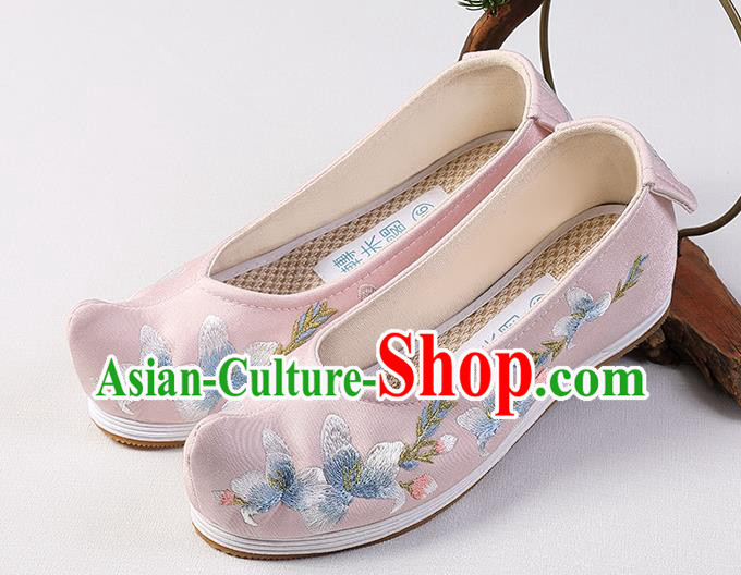 Chinese Handmade Embroidered Mangnolia Pink Shoes Traditional Ming Dynasty Princess Shoes