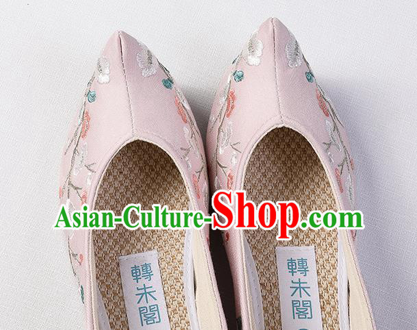 Chinese Handmade Embroidered Mangnolia Pink Shoes Traditional Ming Dynasty Princess Shoes