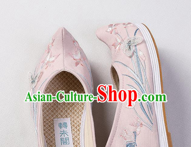 Chinese Handmade Embroidered Orchids Shoes Traditional Hanfu Bow Shoes Ming Dynasty Princess Pink Shoes