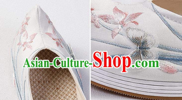 Chinese Traditional Hanfu Bow Shoes Ming Dynasty Princess White Shoes Handmade Embroidered Orchids Shoes