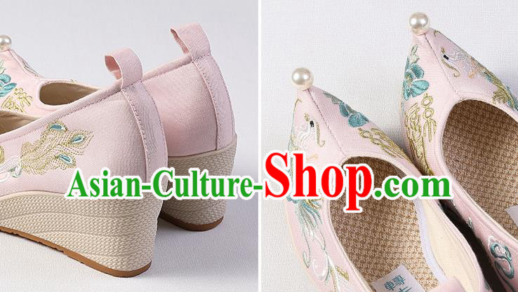 Chinese Traditional Wedge Heel Shoes Handmade Embroidered Phoenix Shoes Hanfu Pink Cloth Shoes