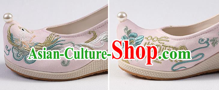 Chinese Traditional Wedge Heel Shoes Handmade Embroidered Phoenix Shoes Hanfu Pink Cloth Shoes