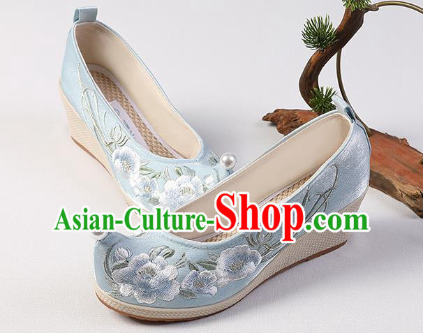 Chinese Hanfu Blue Satin Shoes Handmade Embroidered Peony Shoes Traditional Wedge Heel Shoes