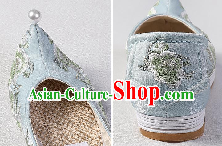 Chinese Handmade Embroidered Peach Blossom Shoes Traditional Hanfu Shoes Blue Satin Bow Shoes