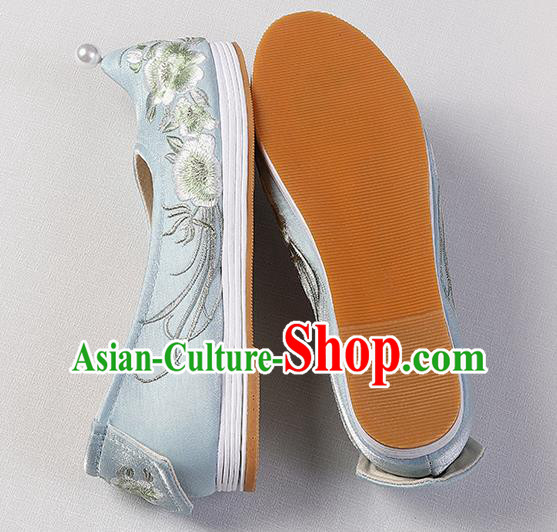Chinese Handmade Embroidered Peach Blossom Shoes Traditional Hanfu Shoes Blue Satin Bow Shoes