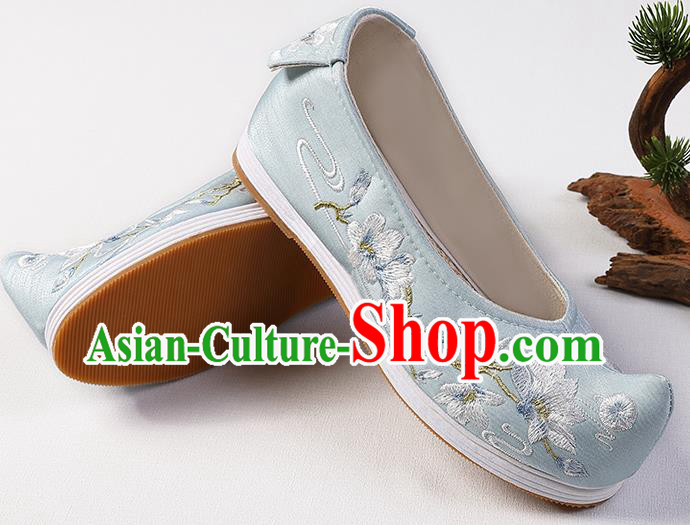 Chinese Traditional Ming Dynasty Hanfu Shoes Blue Satin Bow Shoes Embroidered Mangnolia Shoes
