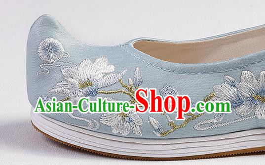 Chinese Traditional Ming Dynasty Hanfu Shoes Blue Satin Bow Shoes Embroidered Mangnolia Shoes