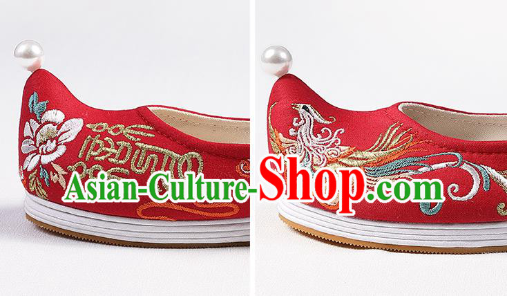 Chinese Handmade Embroidered Phoenix Red Cloth Shoes Traditional Women Shoes Classical Wedding Shoes