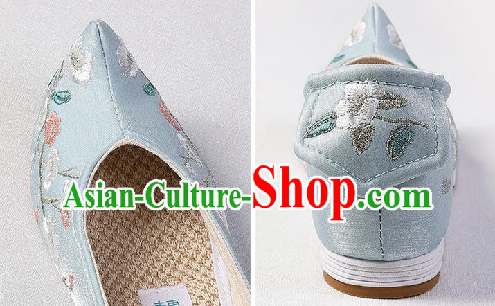 Chinese Traditional Ming Dynasty Blue Satin Shoes Handmade Embroidered Plum Blossom Shoes