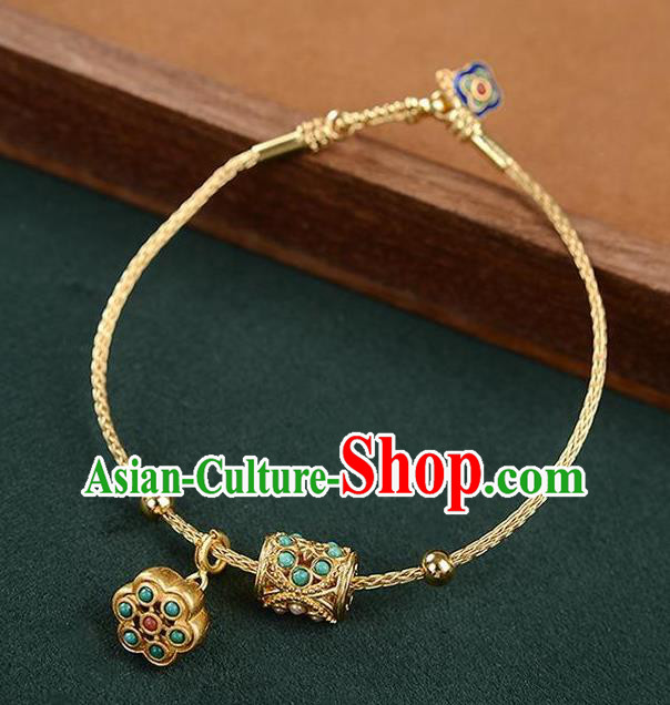 Chinese Classical Kallaite Lotus Seedpod Bracelet Handmade Golden Bangle Jewelry Accessories
