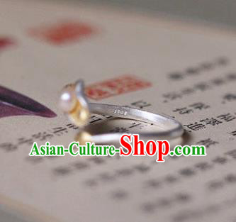 China Ancient Qing Dynasty Golden Lotus Leaf Circlet Traditional Court Pearl Ring