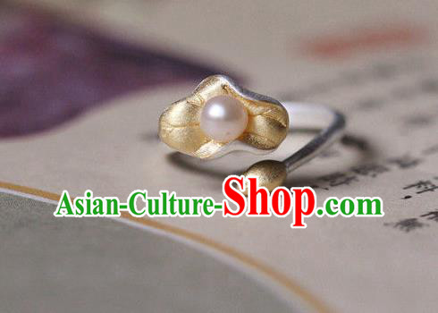 China Ancient Qing Dynasty Golden Lotus Leaf Circlet Traditional Court Pearl Ring