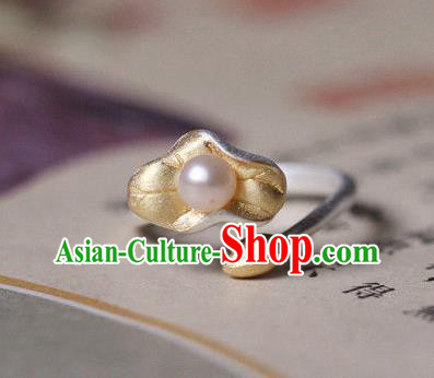 China Ancient Qing Dynasty Golden Lotus Leaf Circlet Traditional Court Pearl Ring