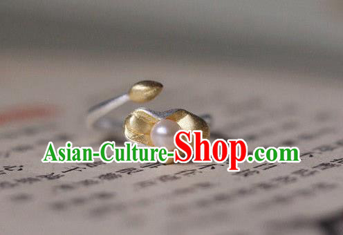 China Ancient Qing Dynasty Golden Lotus Leaf Circlet Traditional Court Pearl Ring