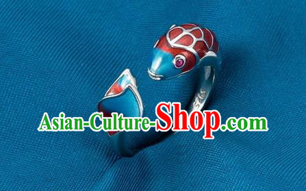 China Ancient Princess Cloisonne Fish Circlet Traditional Court Silver Ring