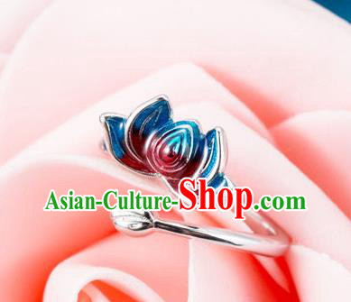 China Traditional Court Silver Ring Ancient Princess Cloisonne Lotus Circlet