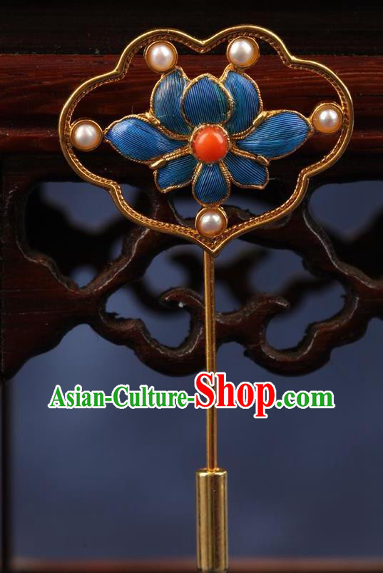 China Traditional Court Blueing Lotus Brooch Ancient Princess Pearls Jewelry Accessories