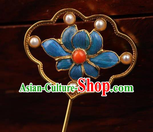 China Traditional Court Blueing Lotus Brooch Ancient Princess Pearls Jewelry Accessories