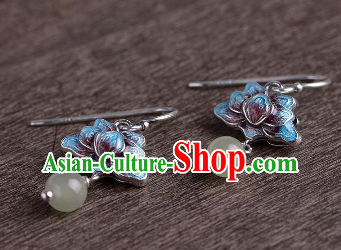 China National Blueing Lotus Earrings Traditional Cheongsam Chalcedony Tassel Ear Accessories