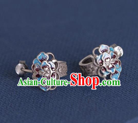 China National Silver Peony Earrings Traditional Cheongsam Blueing Ear Accessories