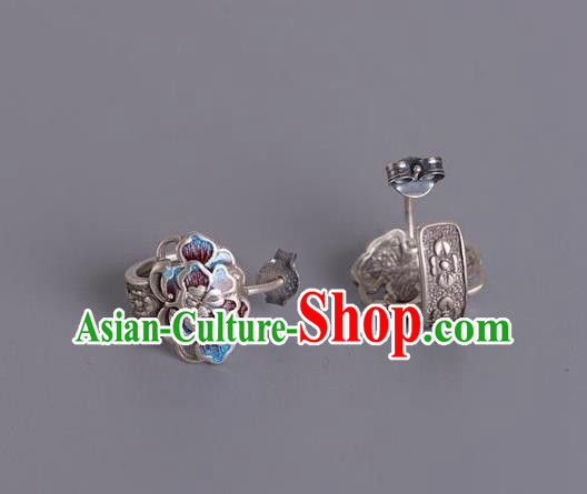 China National Silver Peony Earrings Traditional Cheongsam Blueing Ear Accessories