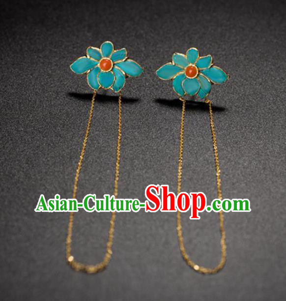 China National Agate Earrings Traditional Qing Dynasty Empress Blue Lotus Ear Accessories