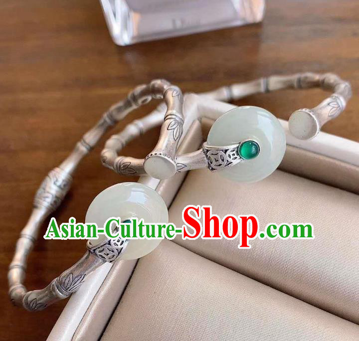 Chinese Classical Silver Bamboo Bracelet Handmade Jade Ring Bangle Jewelry Accessories