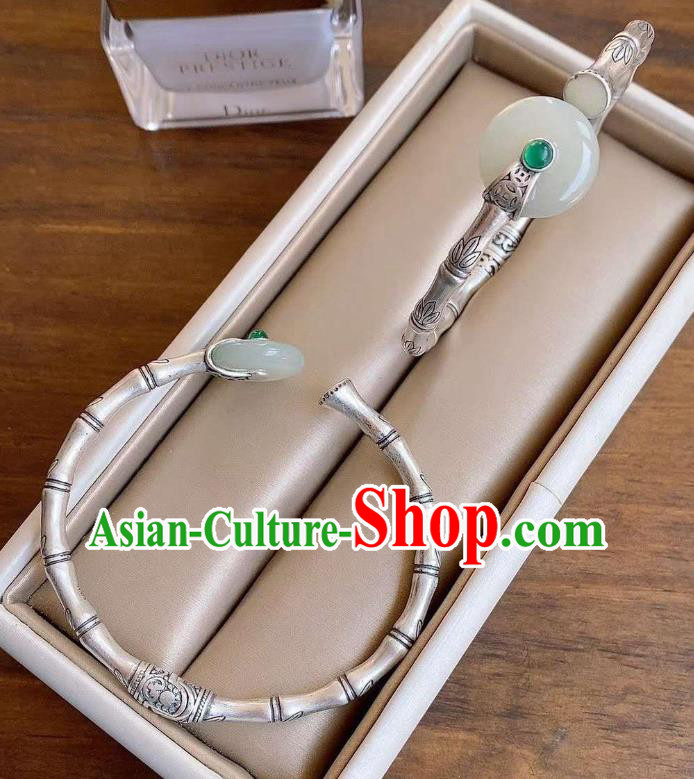 Chinese Classical Silver Bamboo Bracelet Handmade Jade Ring Bangle Jewelry Accessories