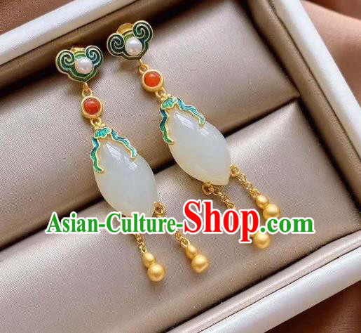 China Traditional Cheongsam White Jade Ear Accessories National Qing Dynasty Court Tassel Earrings