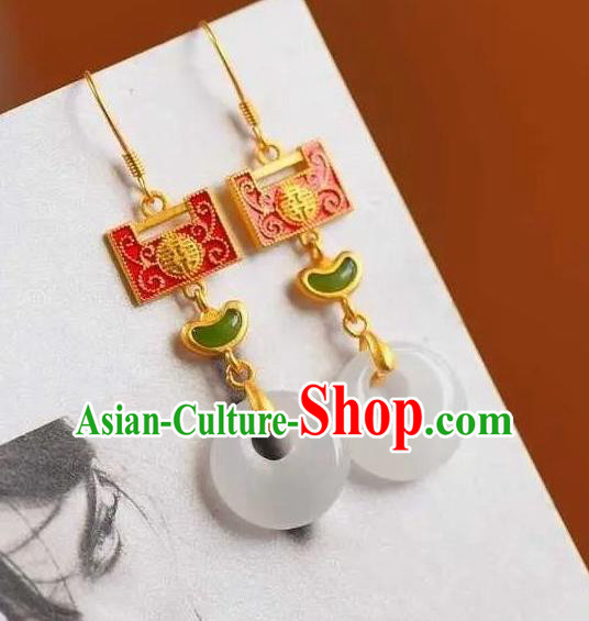 China Traditional Cheongsam Enamel Red Lock Ear Accessories National Wedding Jade Earrings