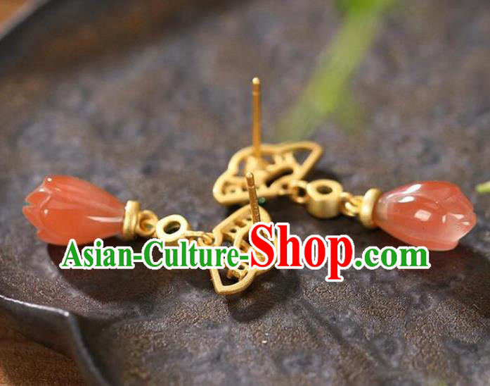 China Traditional Cheongsam Green Crystal Ear Accessories National Wedding Red Agate Mangnolia Earrings