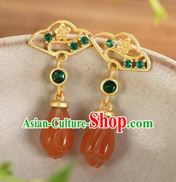 China Traditional Cheongsam Green Crystal Ear Accessories National Wedding Red Agate Mangnolia Earrings