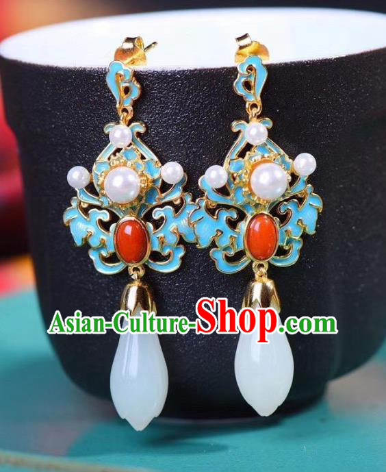 China Traditional Cheongsam Agate Ear Accessories National Wedding Jade Mangnolia Earrings