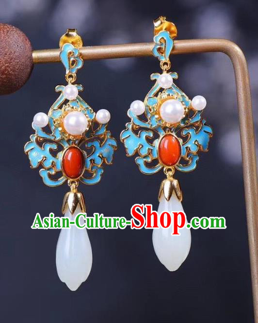 China Traditional Cheongsam Agate Ear Accessories National Wedding Jade Mangnolia Earrings