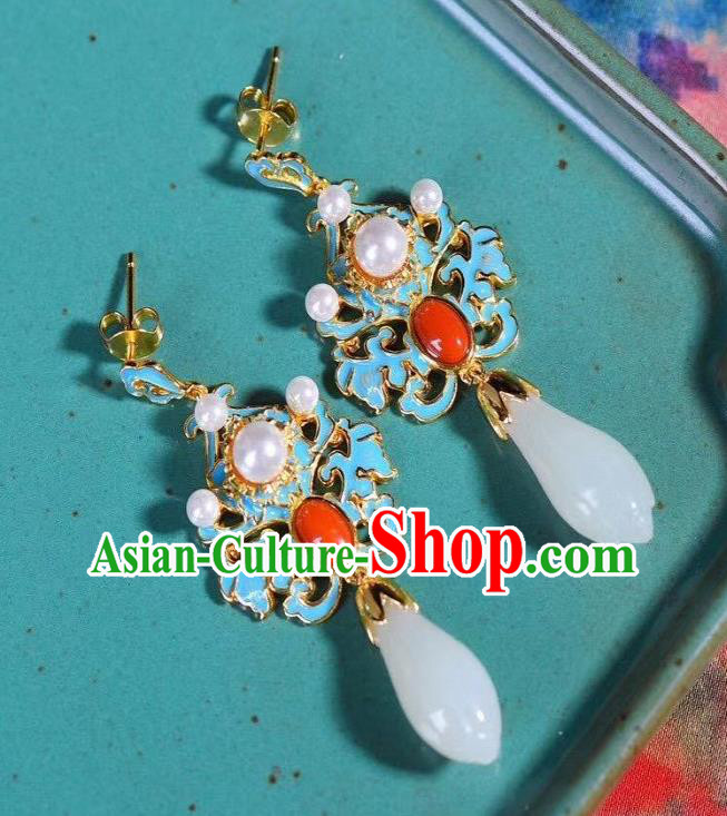 China Traditional Cheongsam Agate Ear Accessories National Wedding Jade Mangnolia Earrings