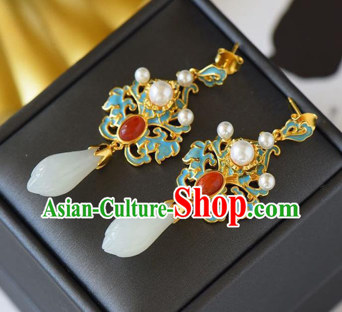 China Traditional Cheongsam Agate Ear Accessories National Wedding Jade Mangnolia Earrings