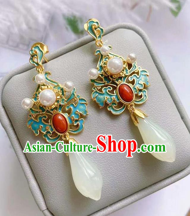 China Traditional Cheongsam Agate Ear Accessories National Wedding Jade Mangnolia Earrings