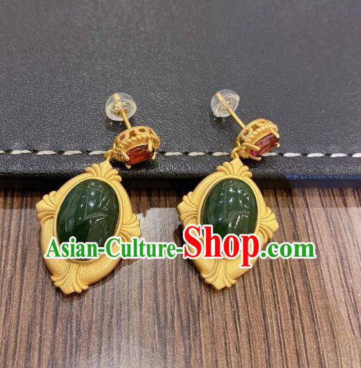 China Traditional Cheongsam Green Jade Ear Accessories National Garnet Earrings