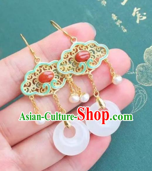 China Traditional Cheongsam White Jade Ear Accessories National Enamel Agate Earrings