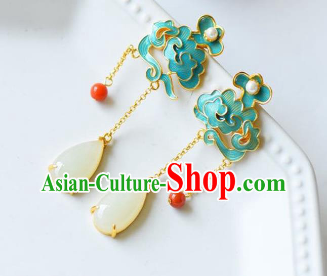 China Traditional Cheongsam Jade Tassel Ear Accessories National Enamel Cloud Earrings