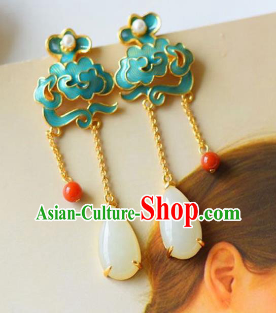 China Traditional Cheongsam Jade Tassel Ear Accessories National Enamel Cloud Earrings