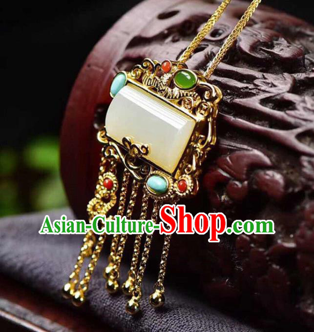 China Handmade Golden Tassel Necklace Jewelry Accessories Traditional Jade Pendant