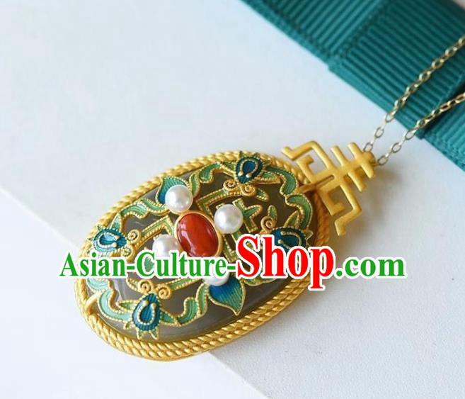 China Handmade Jade Necklace Pendant Jewelry Accessories Traditional Qing Dynasty Pearls Necklet