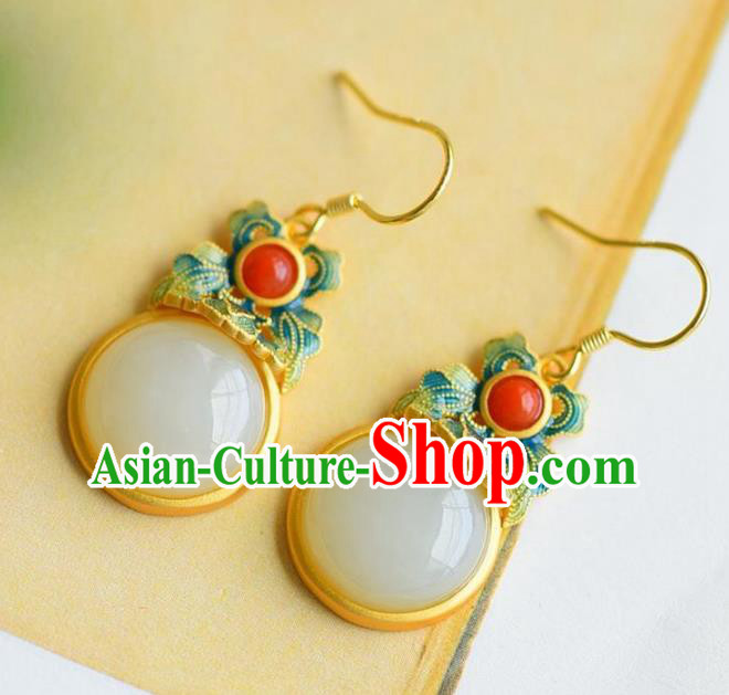 China Traditional Cheongsam Enamel Ear Accessories National White Jade Earrings